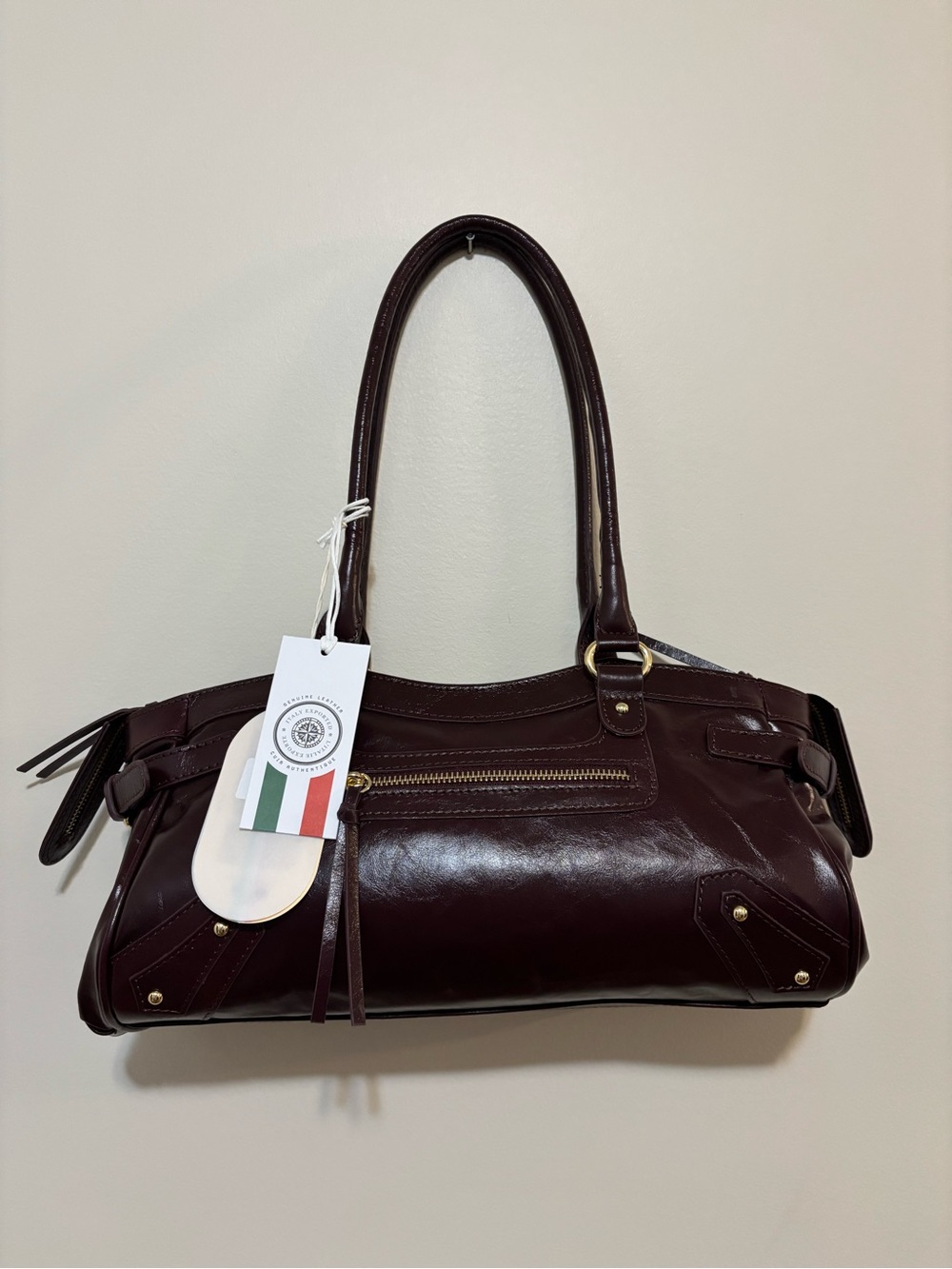 Made in Italy Deep Brown/Burgundy Leather Shoulder Bag with Zip Front Pocket